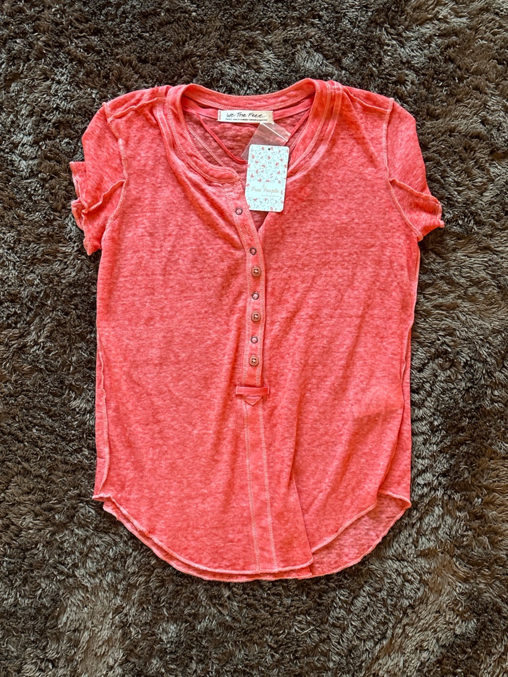 Free People Washed Coral Button-Front Short Sleeve Tee